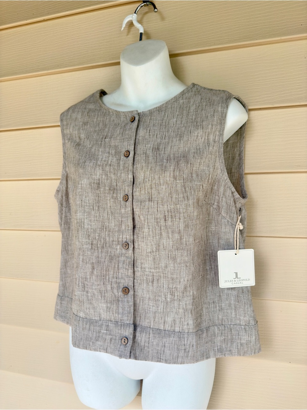 Jules & Leopold Neutral Taupe Linen-Blend Button Front Casual Tank